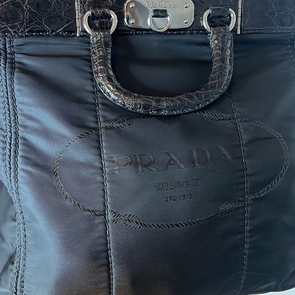 PRADA BLACK NYLON JACQUARD CROCODILE TRIM LARGE SHOPPING SHOULDER BAG - Picture 5 of 16